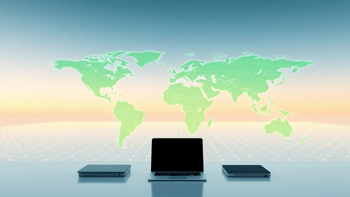 Illustration: A digital map of the world glows with sparse green dots indicating stable connections, contrasting with faint gray lines where outages once clustered.