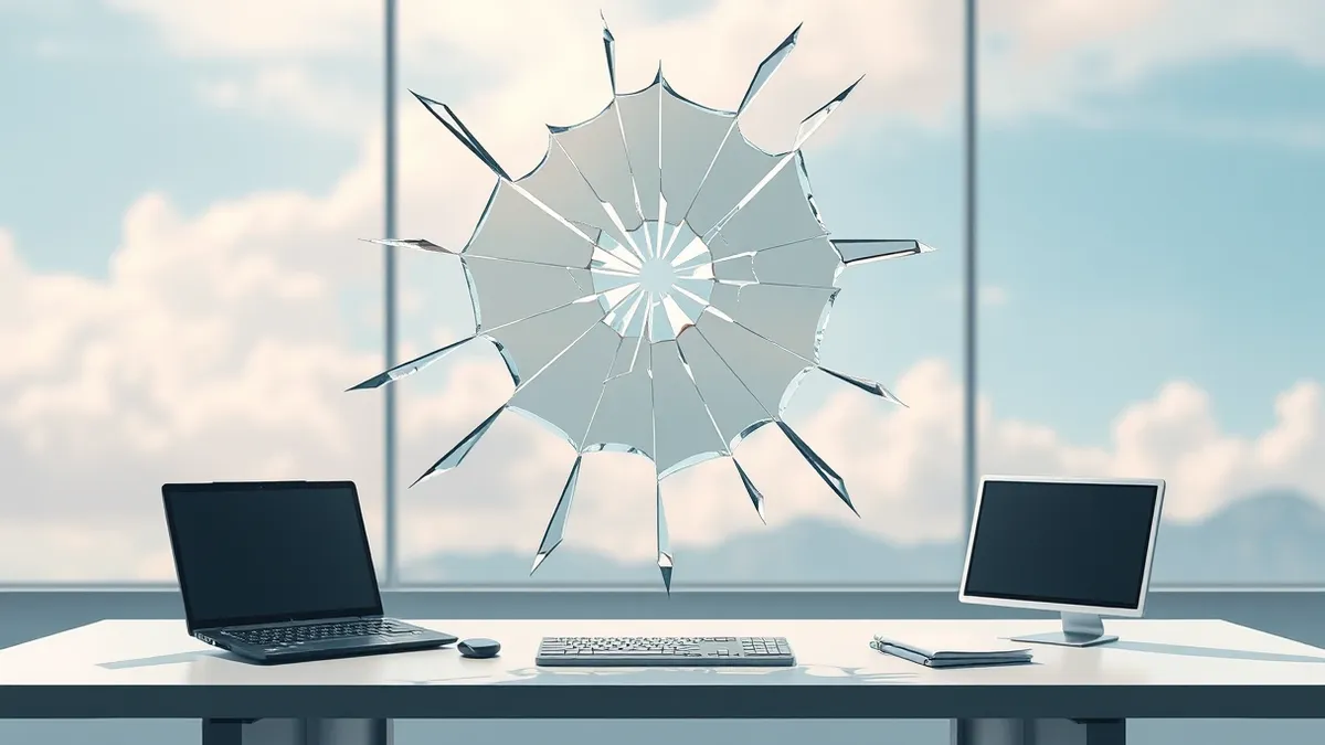 Illustration: A cracked glass pane hovers above a sleek office desk, with sharp, jagged shards suspended in mid-air.