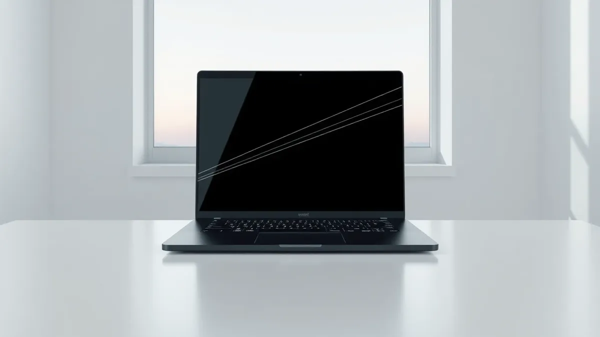 Illustration: A sleek black laptop sits open on a sterile white desk, its blank screen reflecting the cold light of a window.