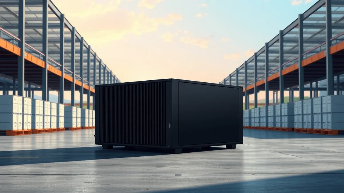 Illustration: A compact, self-contained data processing unit sits on a warehouse floor, its sleek black casing featuring subtle cooling vents.