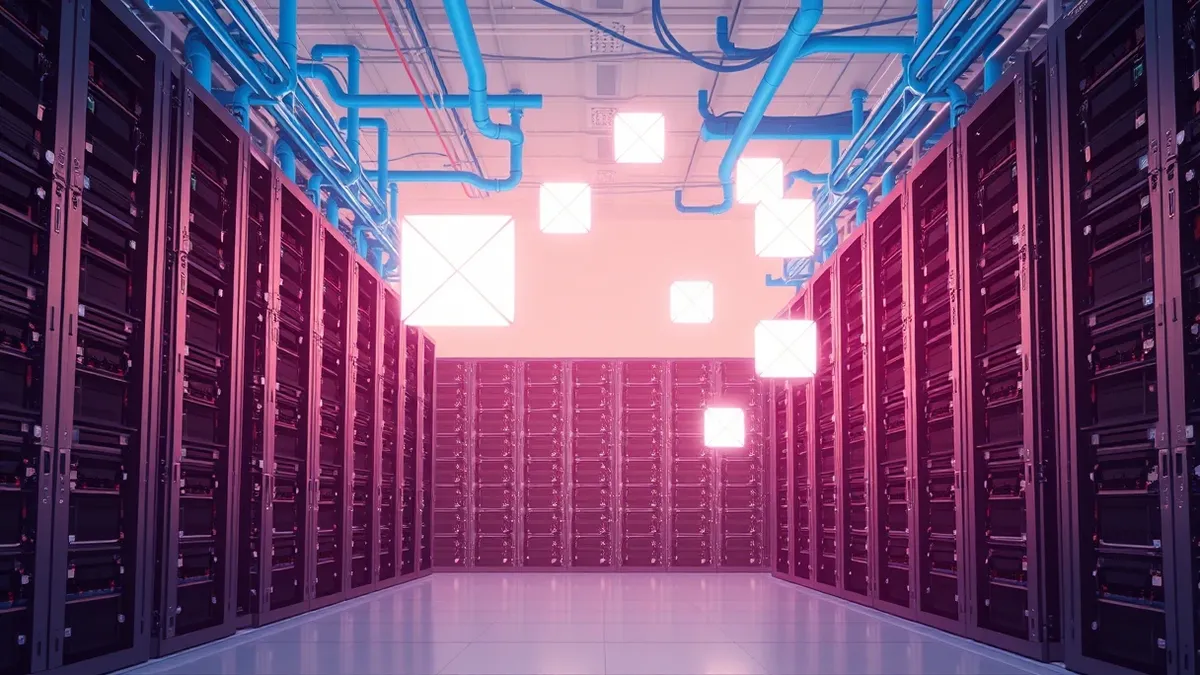 Illustration: A dense cluster of black server blades sits in a cool room, with blue cooling pipes snaking through the racks.