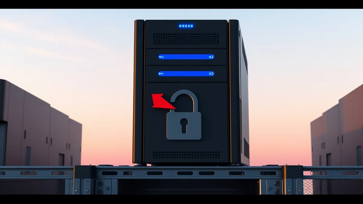 Illustration: A sleek black server appliance sits on a metal rack, its front panel displaying only blank blue status lights.
