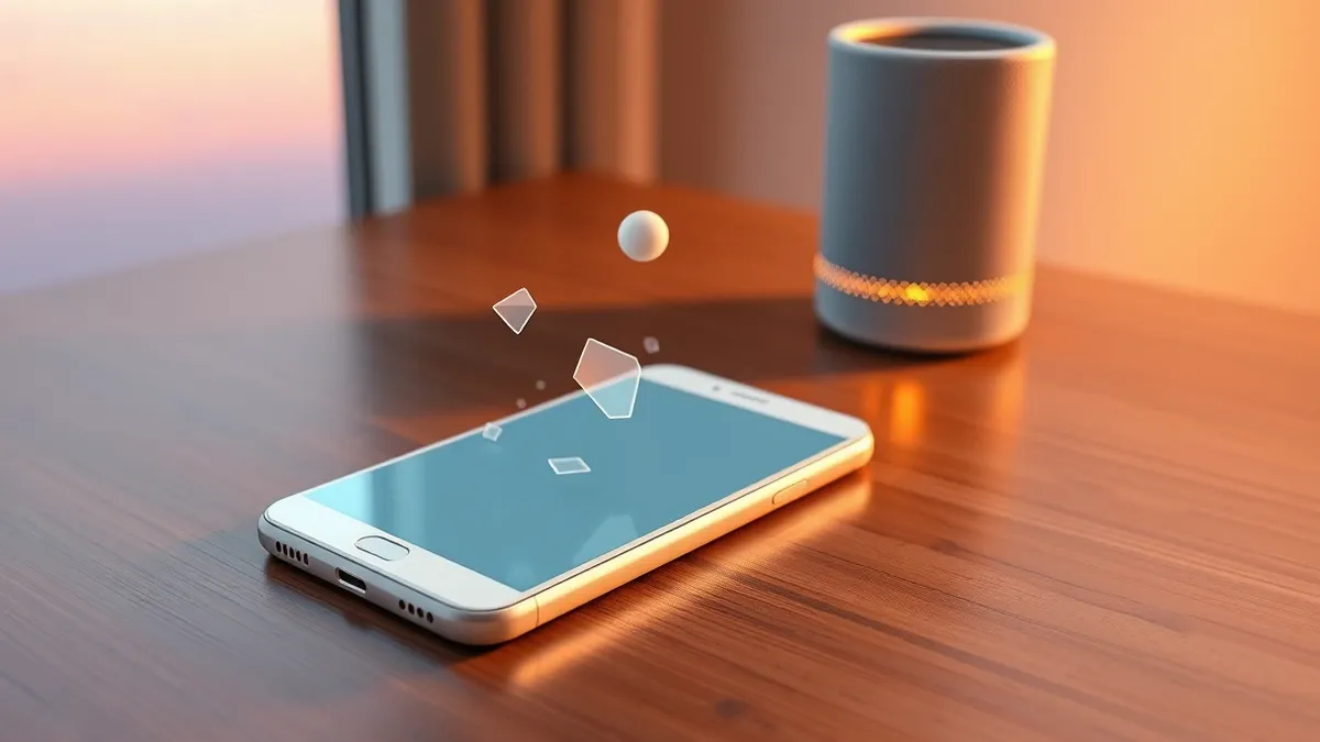 Illustration: A sleek white smartphone rests on a polished wooden desk, its screen displaying soft, floating geometric shapes that suggest an invisible assistant.