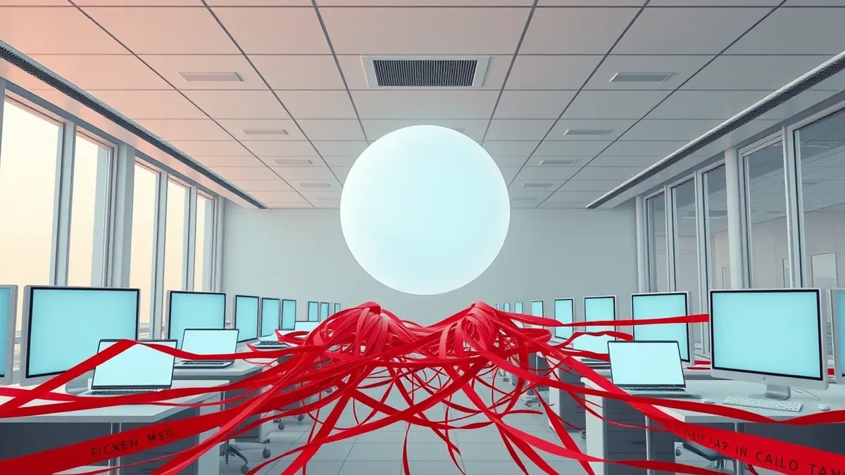 Illustration: A sleek, white artificial intelligence core floats above a tangled web of red warning ribbons in a sterile financial office.