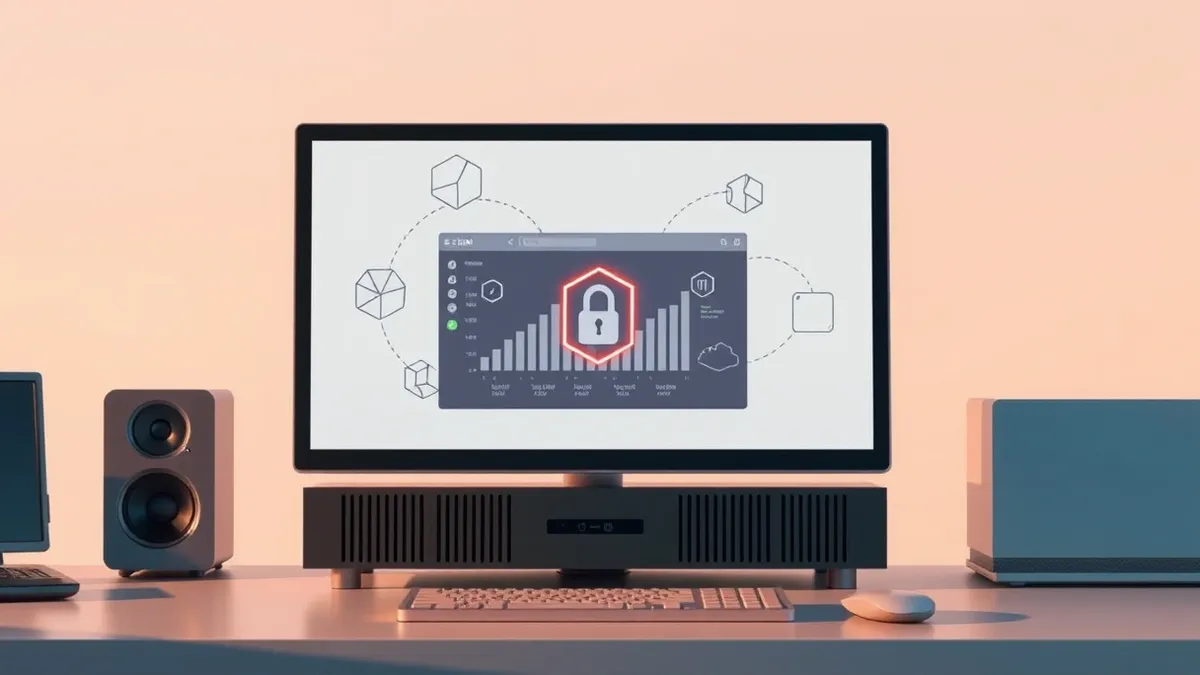 Illustration: A generic firewall appliance sits on a desk with a sleek dashboard on its blank screen.