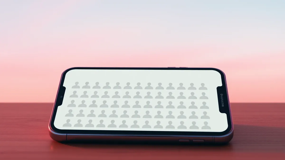 Illustration: A sleek smartphone rests on a wooden table, displaying a social media interface with dozens of greyed-out profile icons fading into blank, empty spaces.