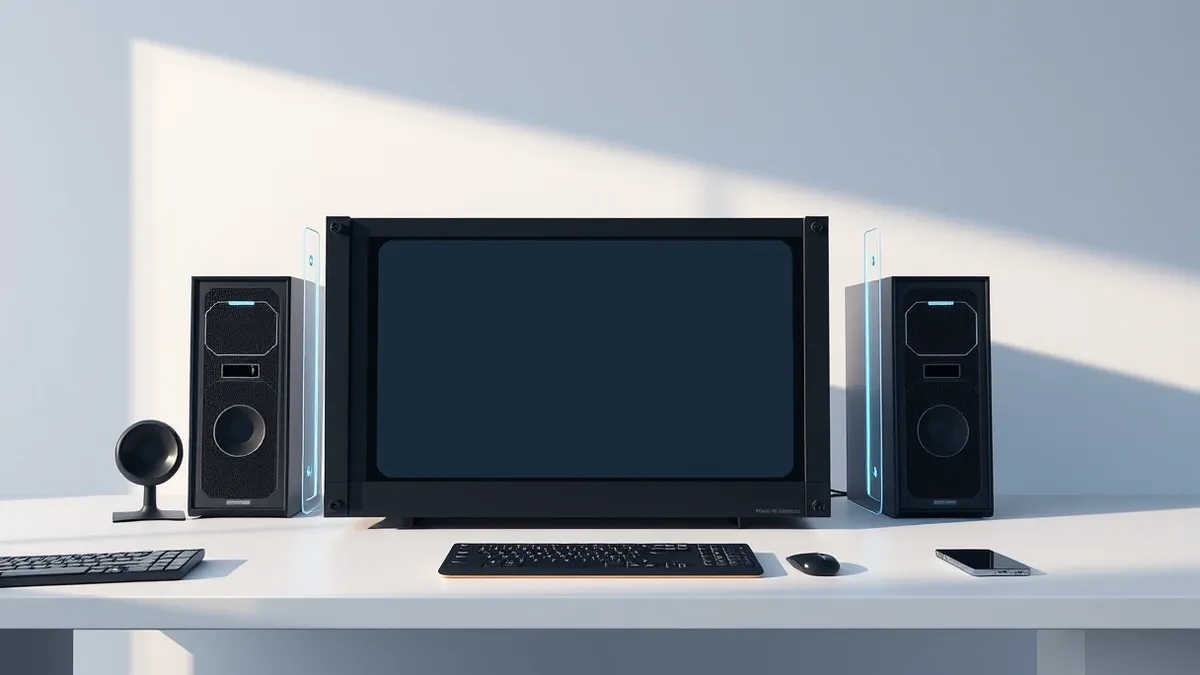 Illustration: A sleek black server unit sits on a clean white desk, its blank front panel glowing with soft blue indicator lights.