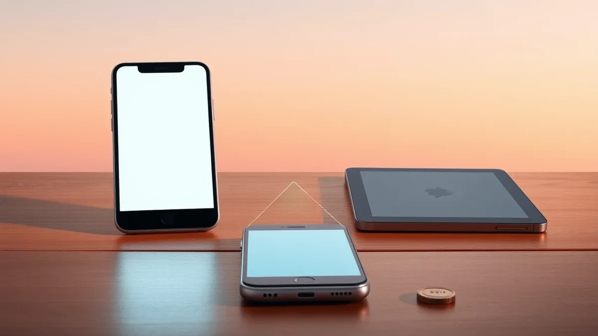 Illustration: A silver smartphone rests on a wooden table, its blank screen reflecting soft ambient light.