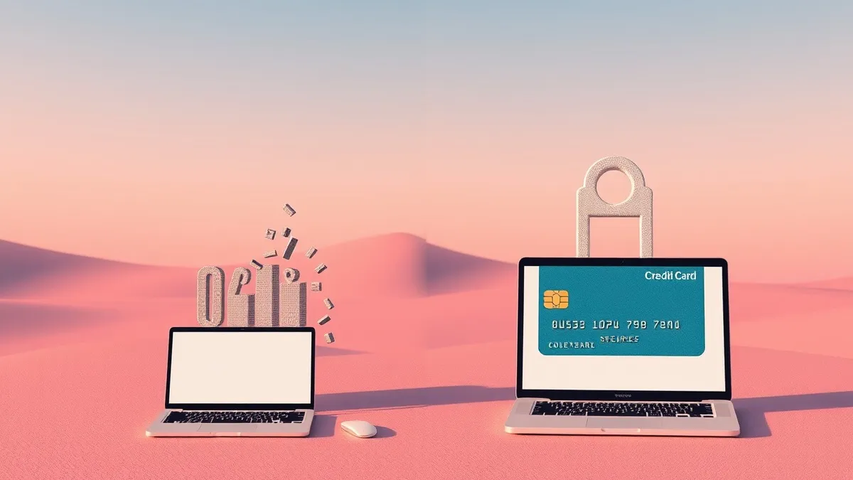 Illustration: A single data block splits into smaller fragments on the left for processing while a credit card transforms into an abstract generic token on the right for secure sto