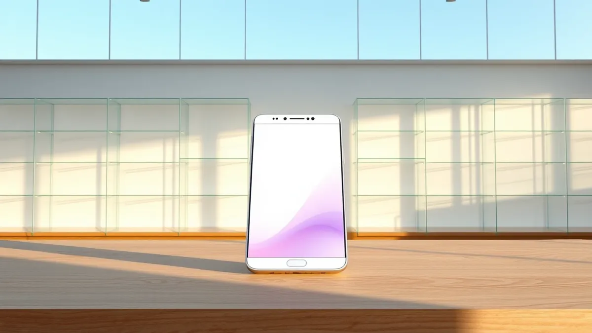 Illustration: A sleek white smartphone rests on a minimalist wooden counter inside a bright retail space.