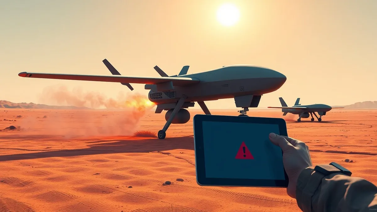 Illustration: A military drone rests on hot sand in a desert, its body emitting visible heat waves and smoke from damaged vents.