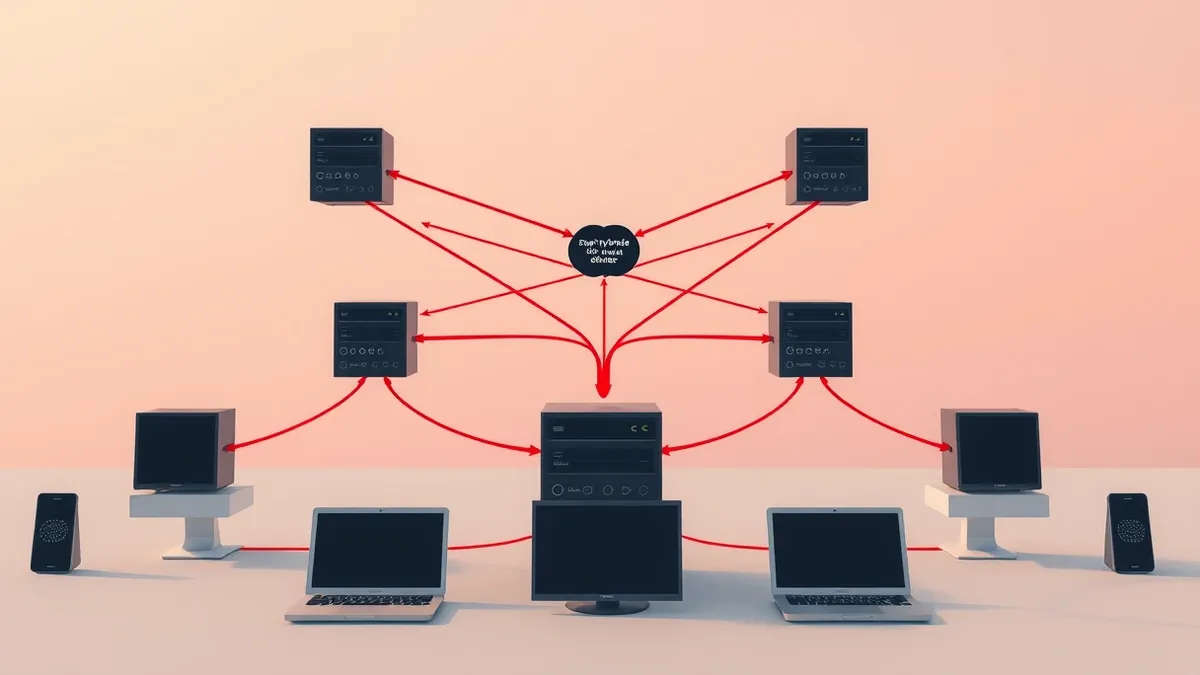 Illustration: A network diagram connects six distinct server nodes to a central distribution hub.