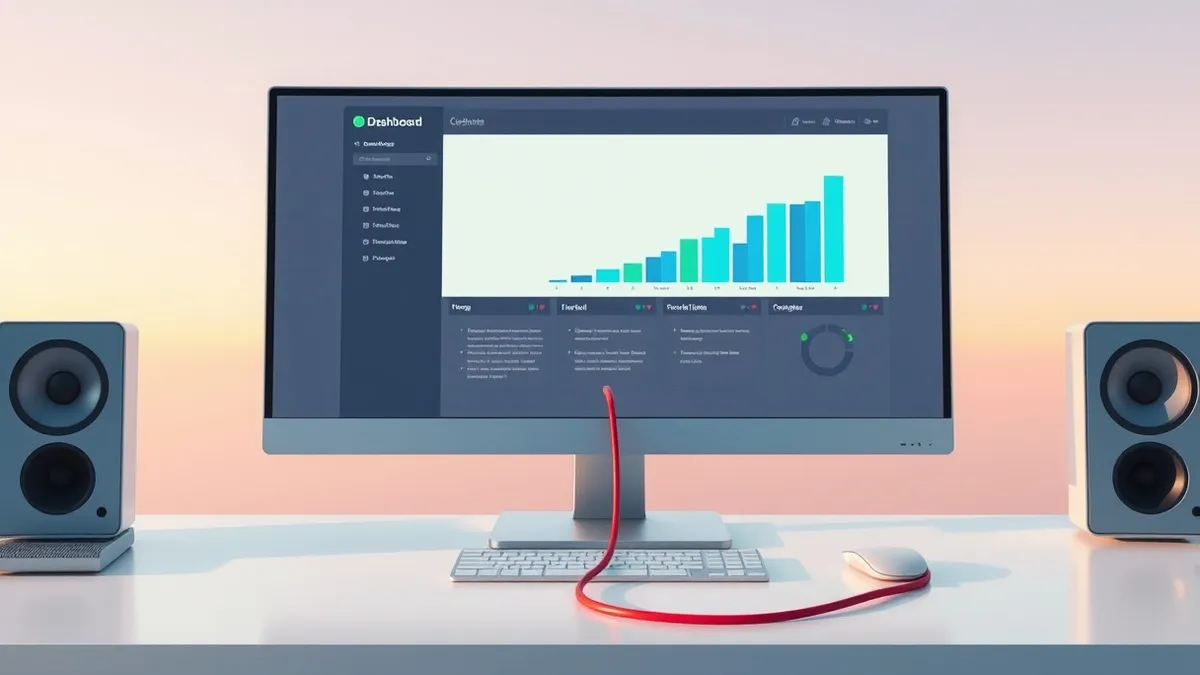 Illustration: A sleek silver desktop monitor sits on a clean white desk, displaying a blank dashboard interface with abstract blue and green geometric bars.