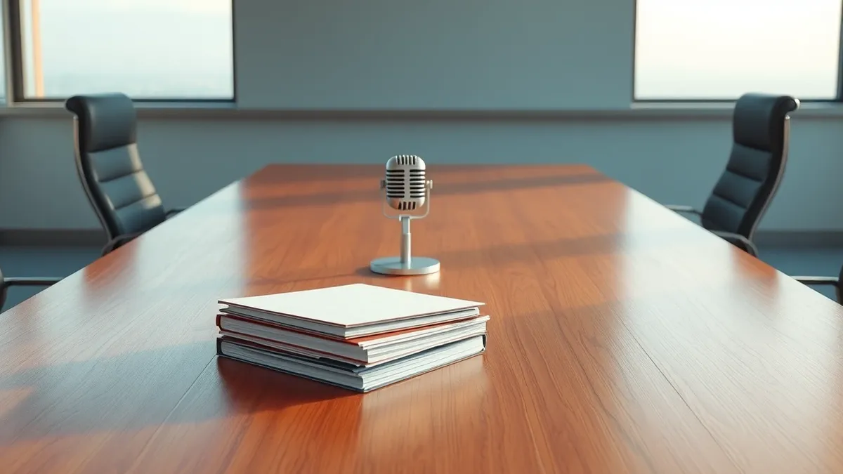 Illustration: A wooden conference table sits empty in a quiet office.