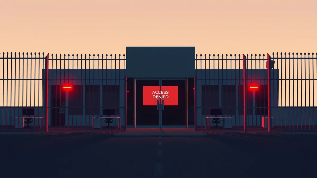 Illustration: A darkened office building with empty desks and silent computers sits behind a heavy metal security gate.
