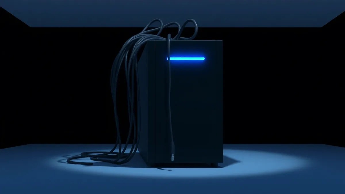 Illustration: A sleek black server sits in a dim room, its single blue status light pulsing slowly.