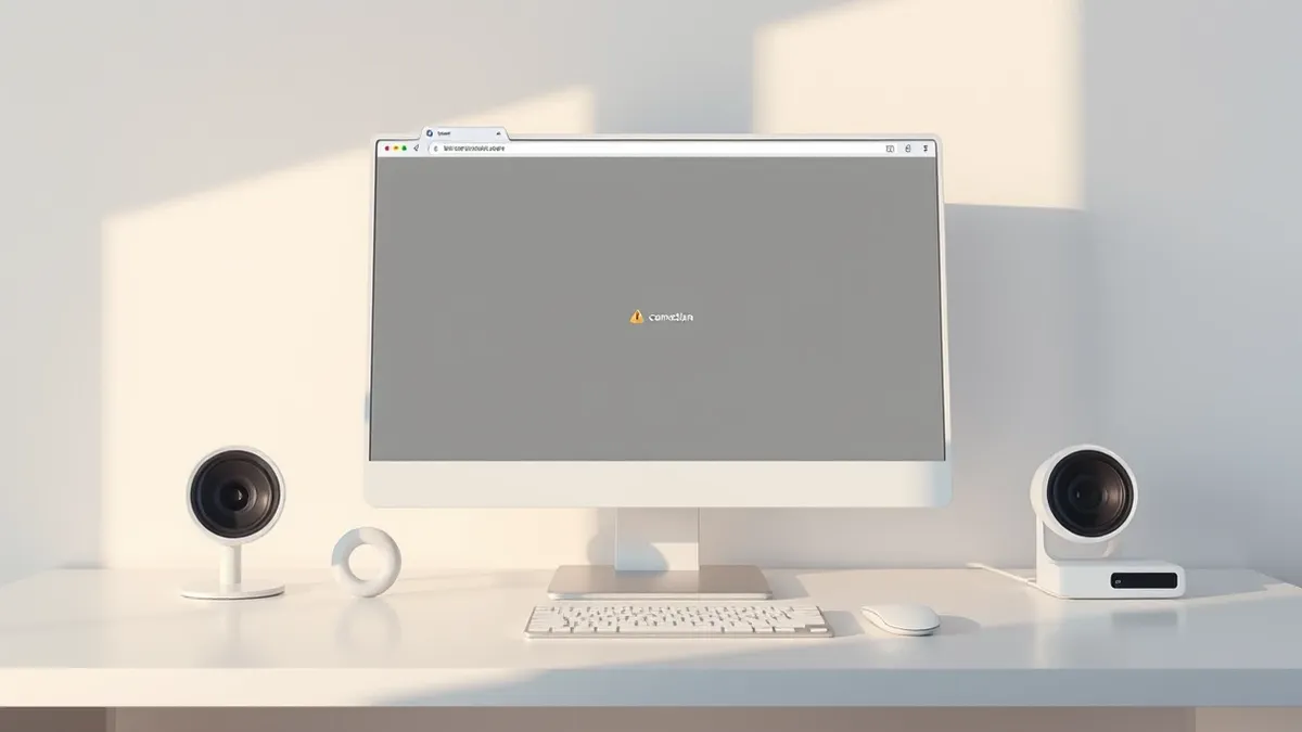 Illustration: A sleek white monitor sits on a minimalist desk, displaying a blank web browser window with an empty address bar and a solid gray screen.