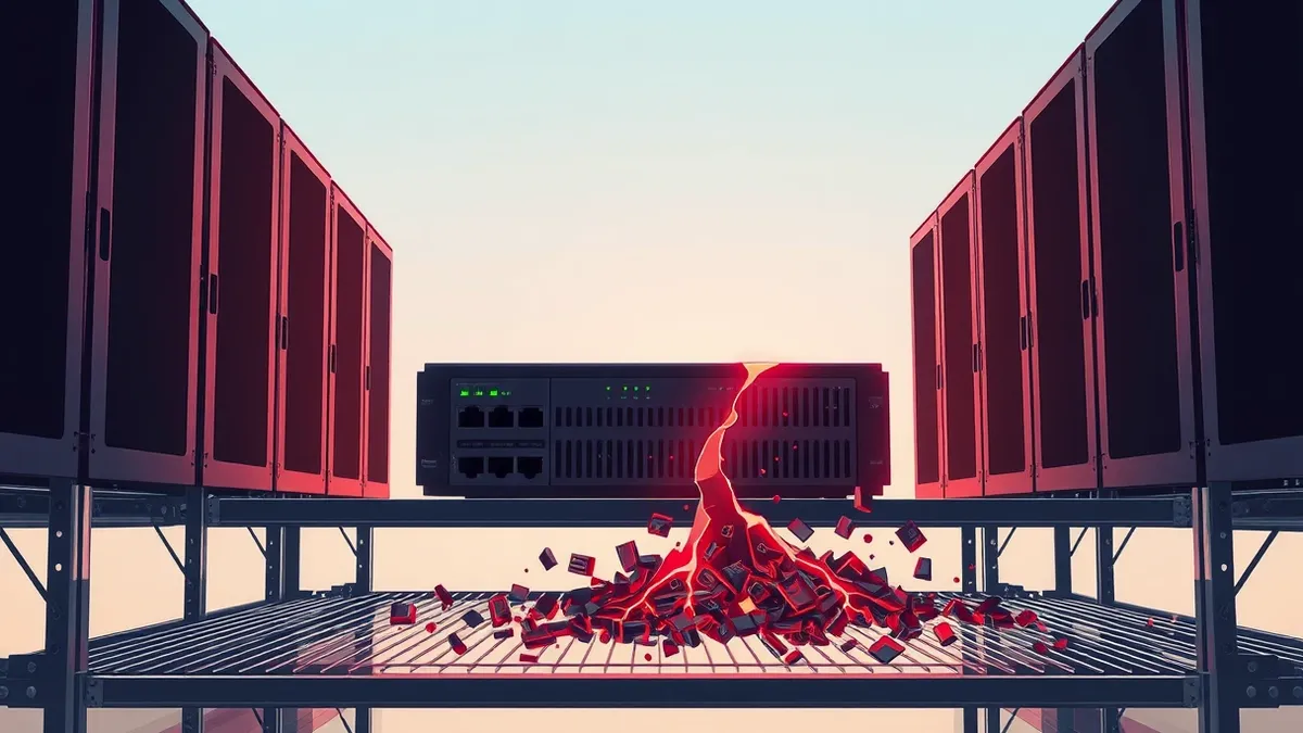 Illustration: A sleek, black network appliance with blinking green status lights sits on a metal shelf.