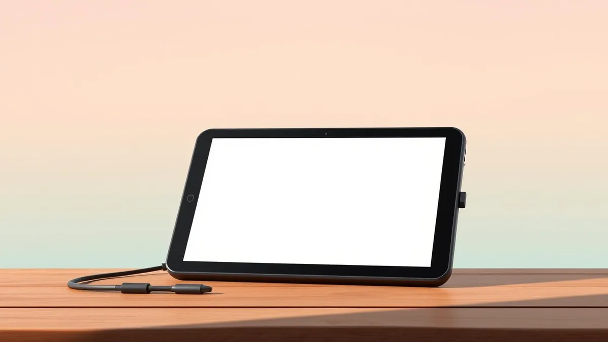 Illustration: A matte black tablet rests on a wooden desk, its blank screen reflecting soft light.