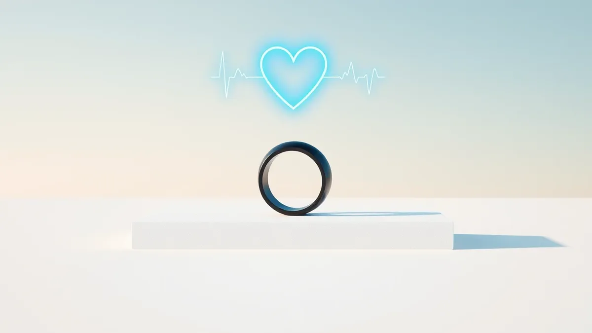 Illustration: A sleek black smart ring rests on a white surface.