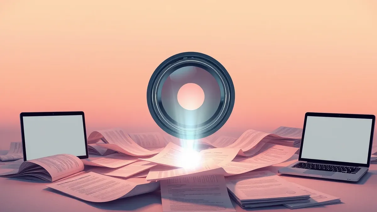 Illustration: A digital lens focuses on scattered paper documents that glow with conflicting light beams.