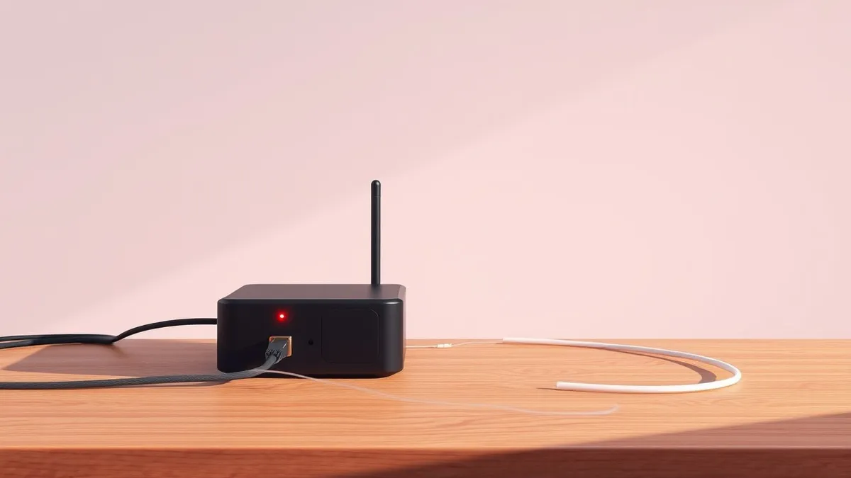 Illustration: A black rectangular streaming transmitter sits on a wooden table, connected to a camera by a thick cable.