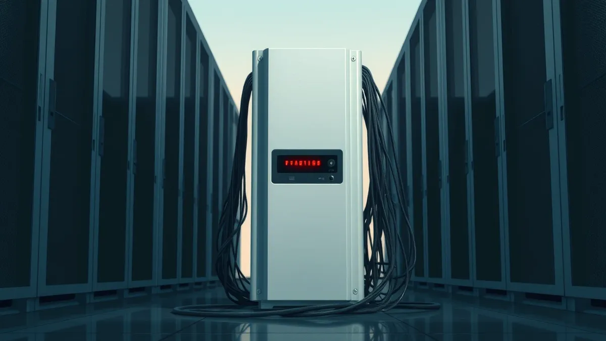 Illustration: A white server tower sits in a dim server room.
