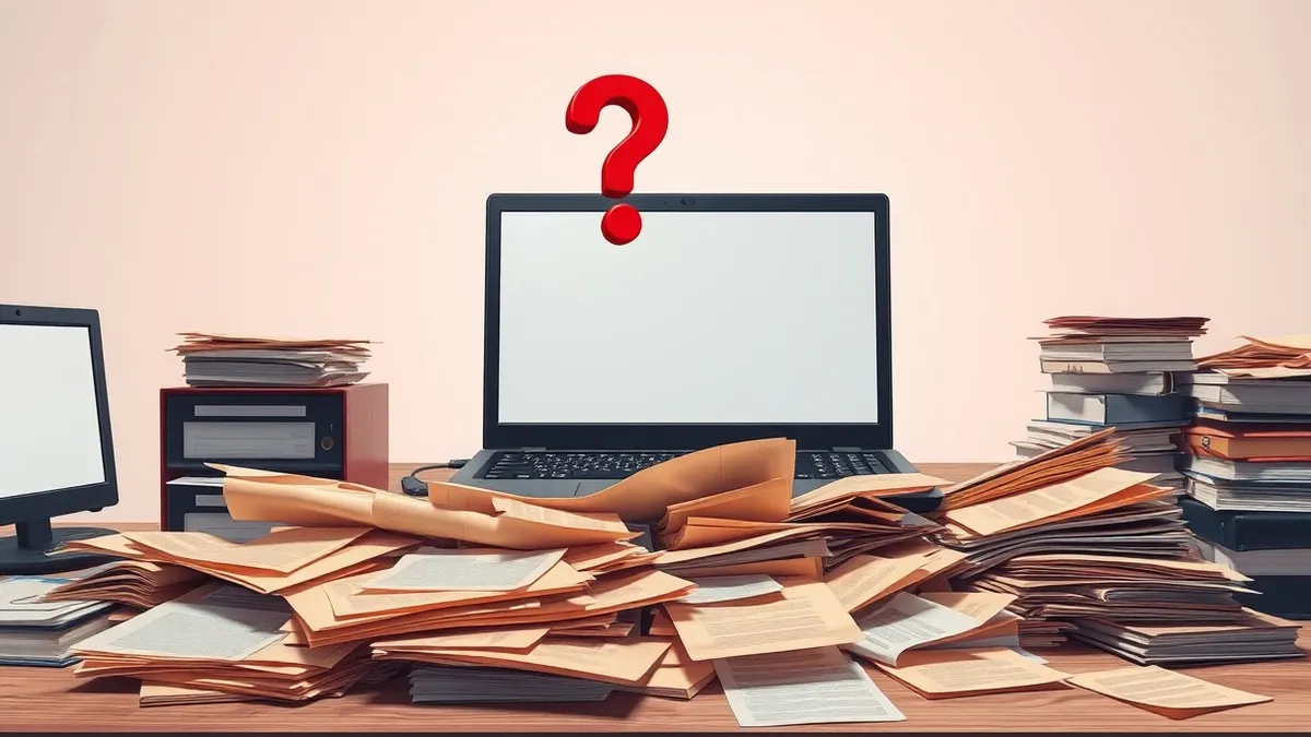 Illustration: A cluttered office desk holds a laptop displaying a blank screen and a scattered pile of outdated, yellowed paper files.