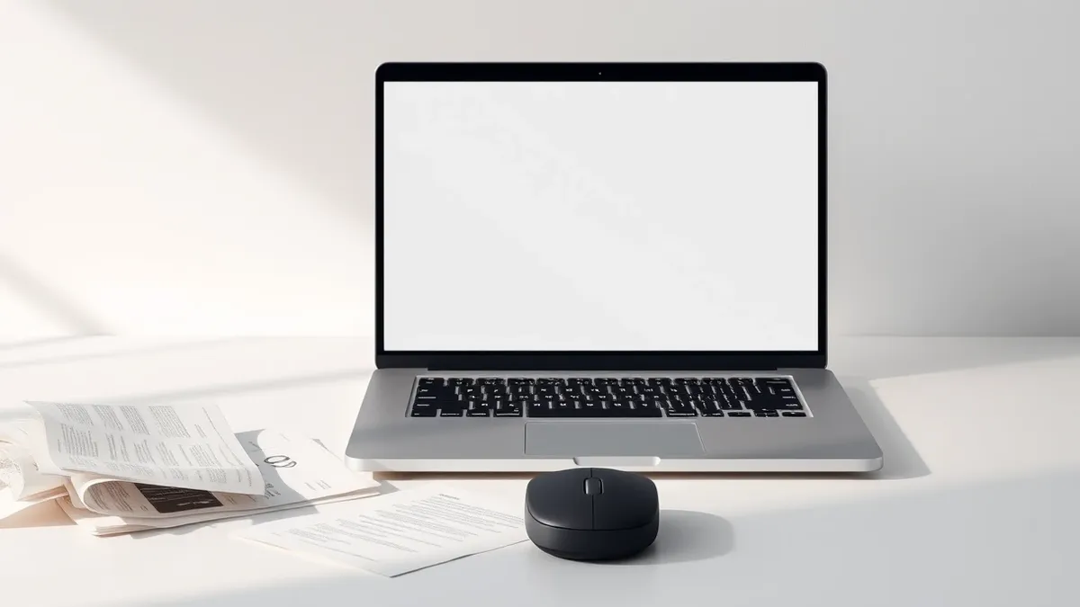 Illustration: A sleek black laptop sits on a clean white desk, its blank screen reflecting soft overhead light.