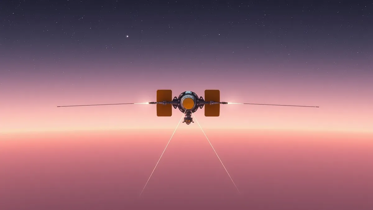 Illustration: A sleek, three-probe spacecraft formation drifts silently through the starry void.