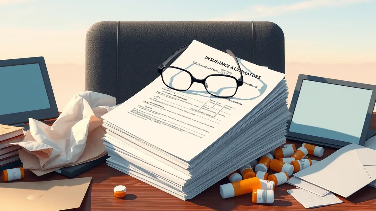 Illustration: A stack of blank medical forms rests on a cluttered desk beside a crumpled envelope and a scattered pile of prescription bottles.