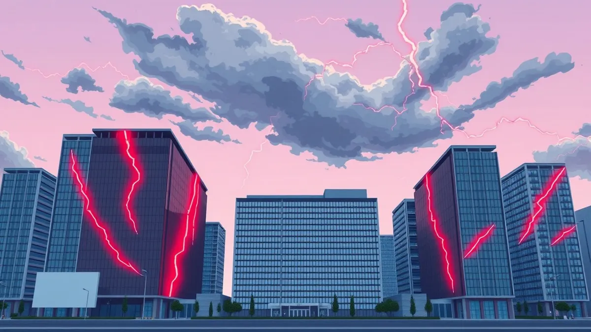 Illustration: A row of sleek office buildings in Tokyo is surrounded by jagged red digital lightning bolts striking their facades, while dark clouds swirl above the skyline to sign