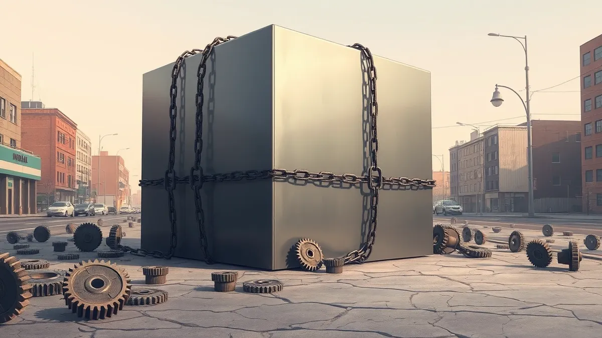 Illustration: A large, smooth metallic cube sits on a cracked city sidewalk surrounded by scattered broken gears.
