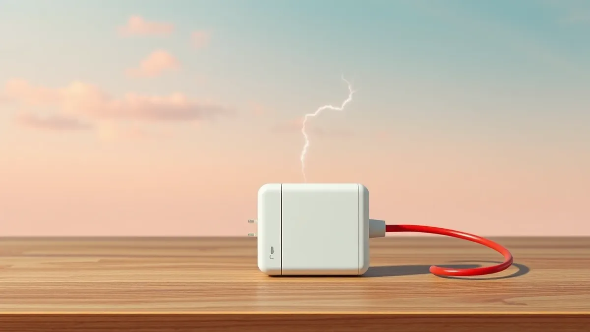 Illustration: A small white wireless network adapter sits on a wooden desk.