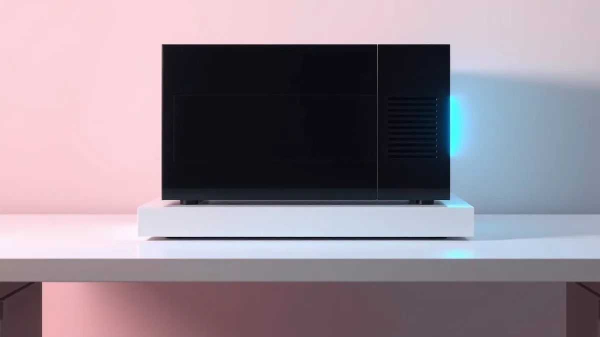 Illustration: A sleek black server unit sits on a clean white desk, its front panel featuring blank indicator lights and smooth metallic surfaces.