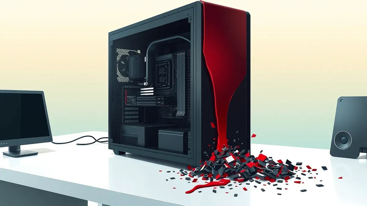Illustration: A sleek black desktop tower sits on a clean white desk, its side panel removed to reveal intricate circuitry.