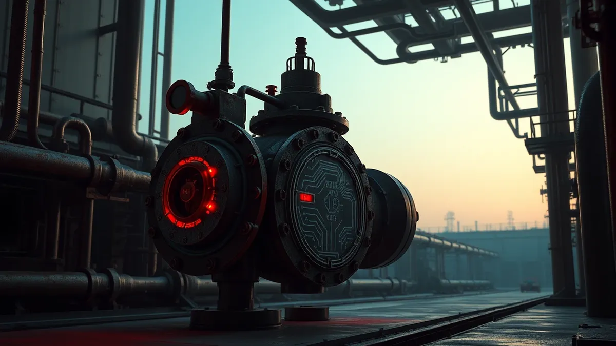 Illustration: A rusted industrial control valve sits in a dim facility, its surface covered in digital circuit patterns that pulse with aggressive red light.
