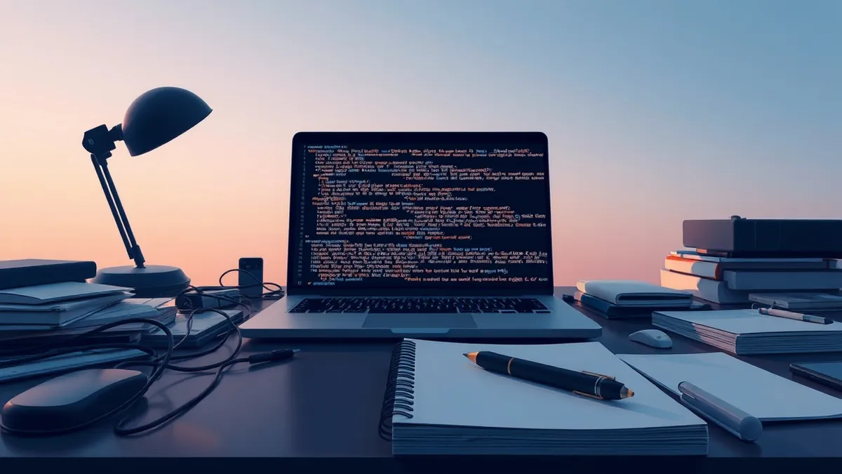 Illustration: A sleek laptop sits on a cluttered desk, its screen glowing with dense, abstract lines of code.