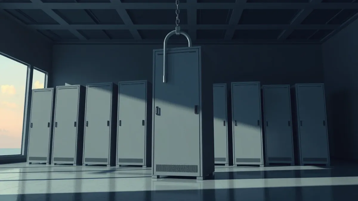 Illustration: A row of sleek server towers sits in a dim room, their blank front panels facing outward.