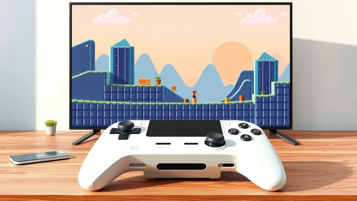 Illustration: A modern white game console sits on a wooden desk, connected to a large television screen displaying a vibrant, high-resolution scene from a classic 2D platformer.