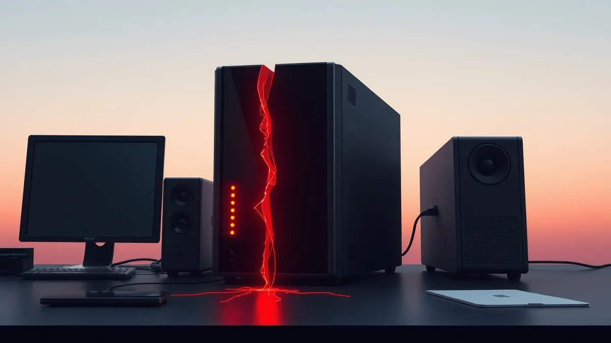 Illustration: A black server firewall unit sits on a dark desk with its indicator lights glowing red and amber.