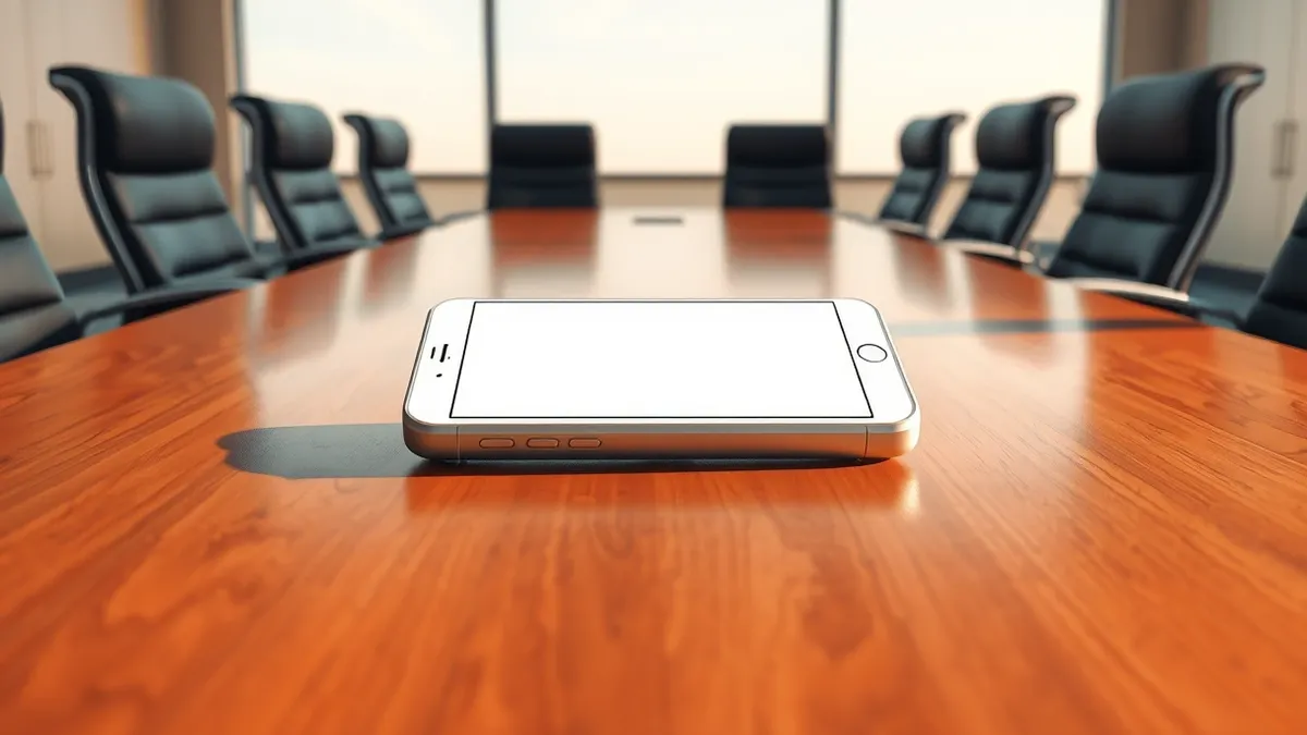 Illustration: A sleek white smartphone rests on a polished wooden conference table.