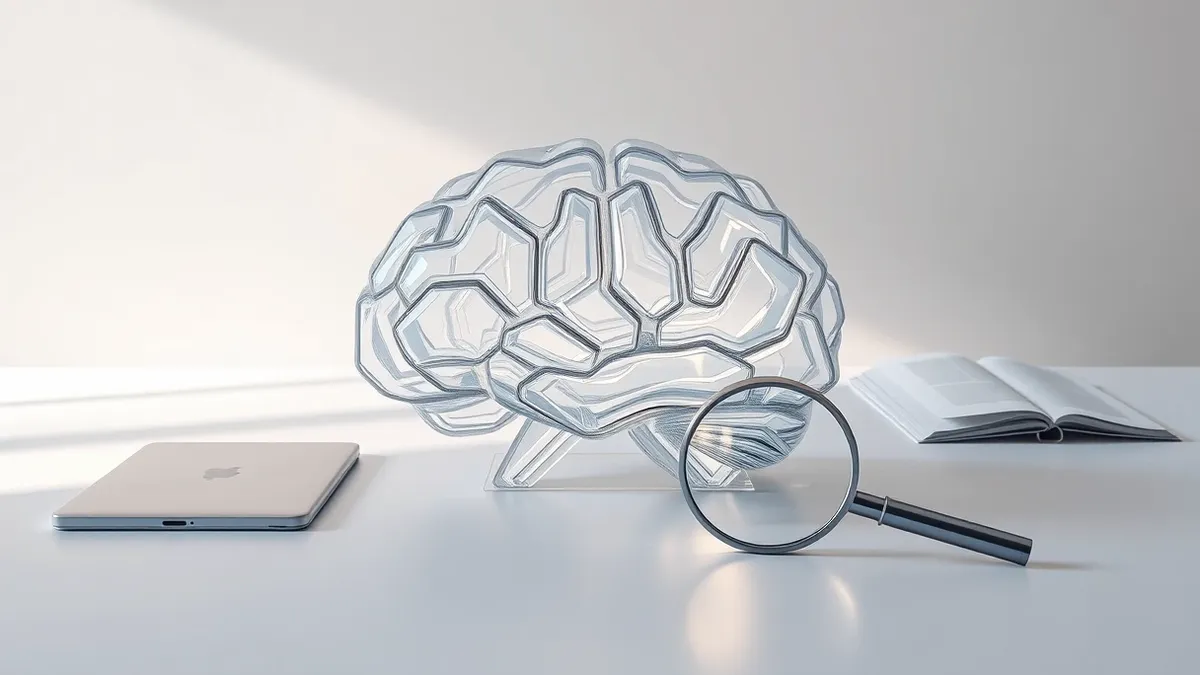 Illustration: A translucent glass sculpture of a brain rests on a clean white desk.