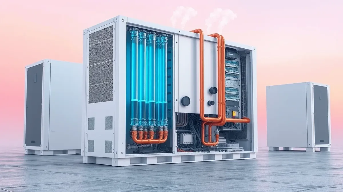 Illustration: A white industrial server rack with exposed copper cooling pipes and translucent blue tubes running vertically through the chassis sits on a concrete floor.