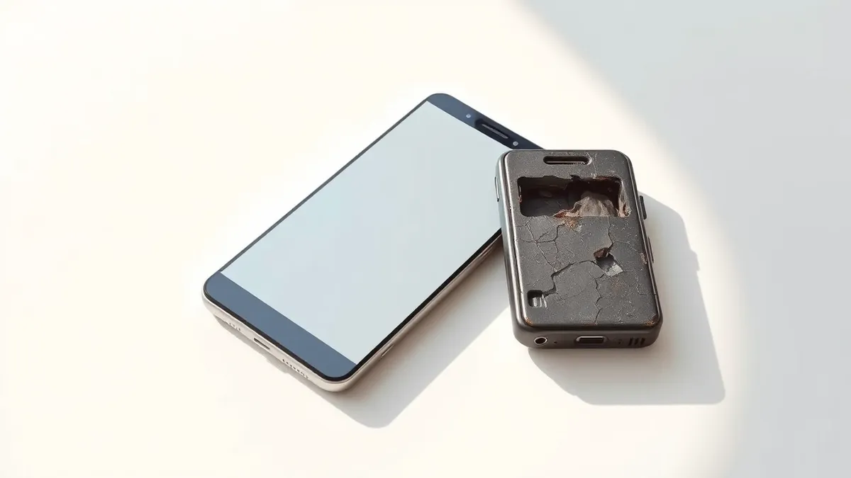 Illustration: A sleek silver smartphone rests on a clean white table next to a worn, cracked older device.