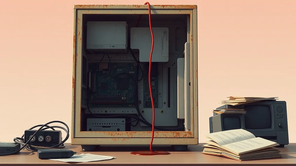 Illustration: A dusty vintage computer tower sits open on a cluttered desk, its internal circuit board exposed to the air.