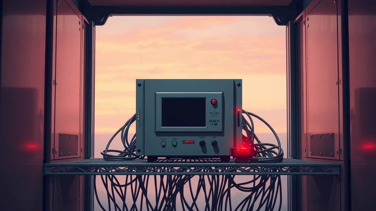 Illustration: A small gray industrial controller sits on a metal shelf with a blank digital display.