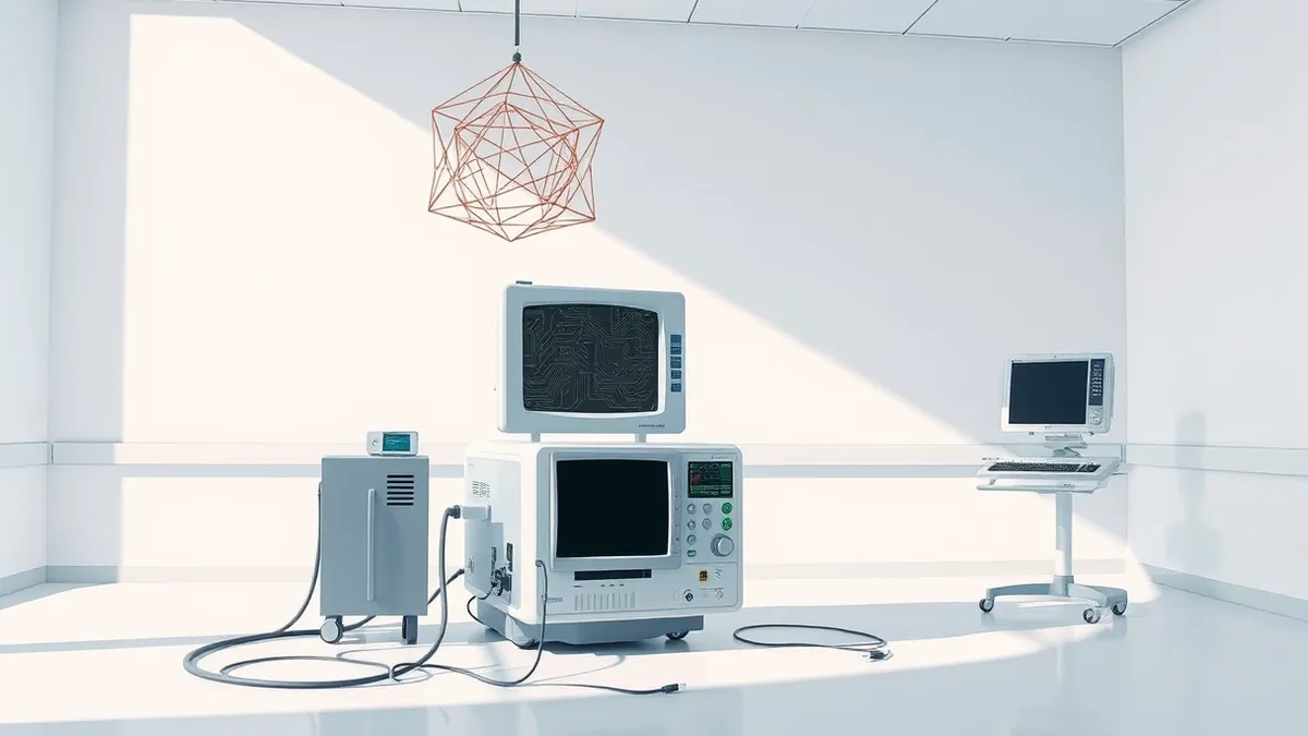 Illustration: A sterile hospital operating room contains a vintage patient monitor with exposed internal circuit boards.
