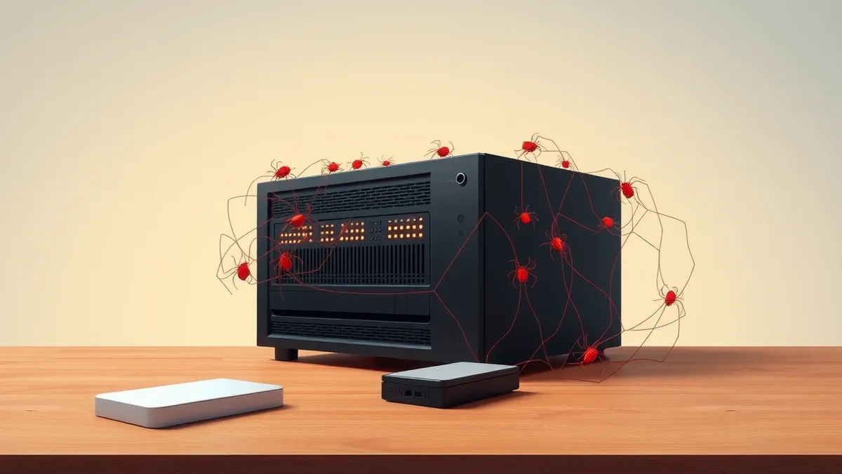 Illustration: A sleek black media server box sits on a wooden desk with its ventilation grilles glowing faintly.