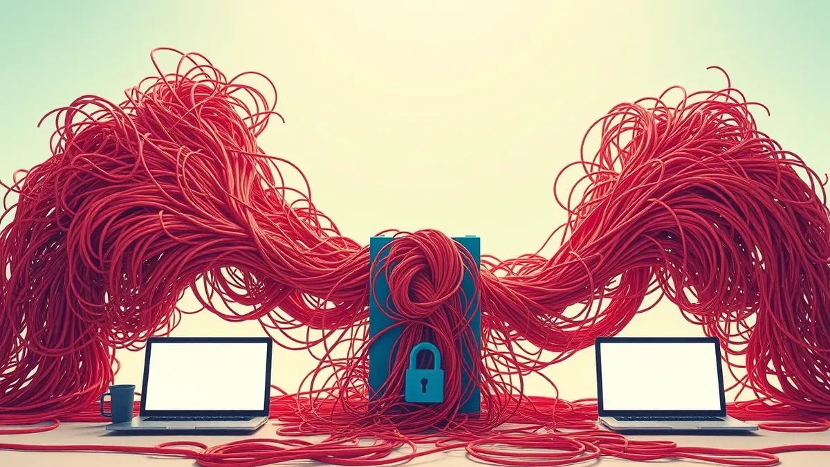 Illustration: A massive, tangled knot of red and orange wires grows chaotically from a small, neat blue box.